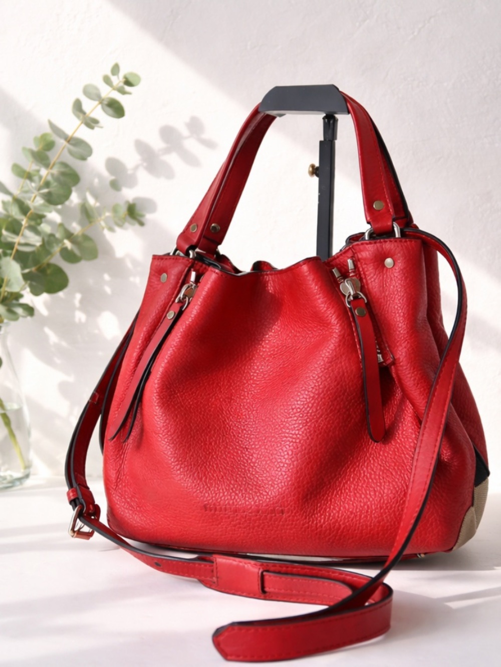 AUTHENTIC MAIDSTONE TOTE LEATHER AND HOUSE CHECK CANVAS RED BURBERRY